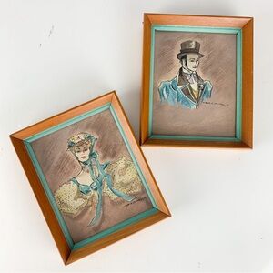 Vintage Watercolor Painting Pair Lady Dandy Man Period Dress Signed Framed Art